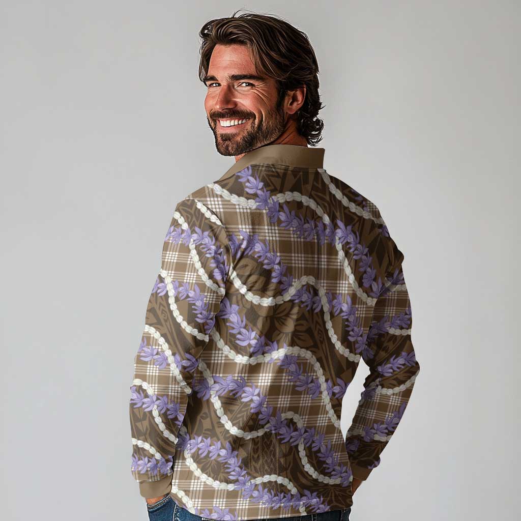 Brown Hawaii Palaka Honohono Pikake Long Sleeve Polo Shirt Hawaiian Orchid Lei Polynesian Pattern LT14 - Polynesian Pride