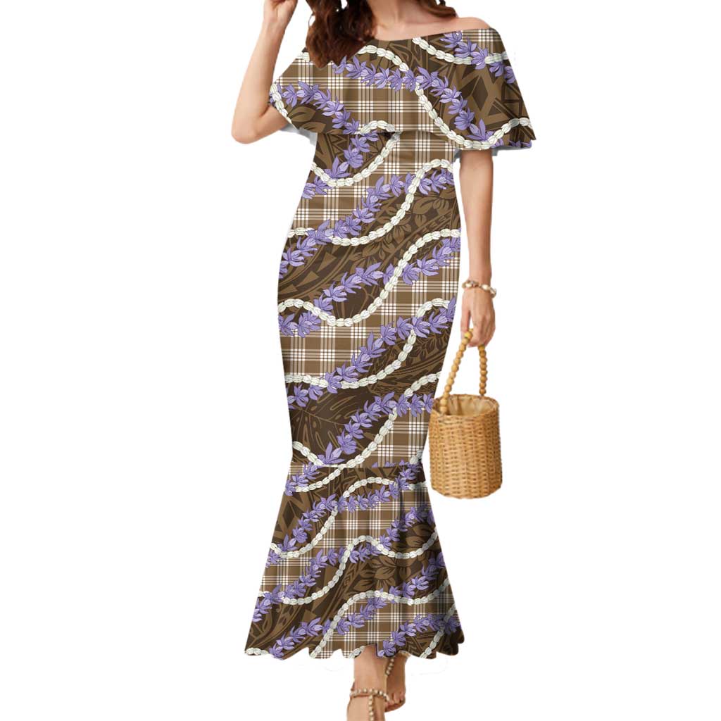 Brown Hawaii Palaka Honohono Pikake Mermaid Dress Hawaiian Orchid Lei Polynesian Pattern - Polynesian Pride