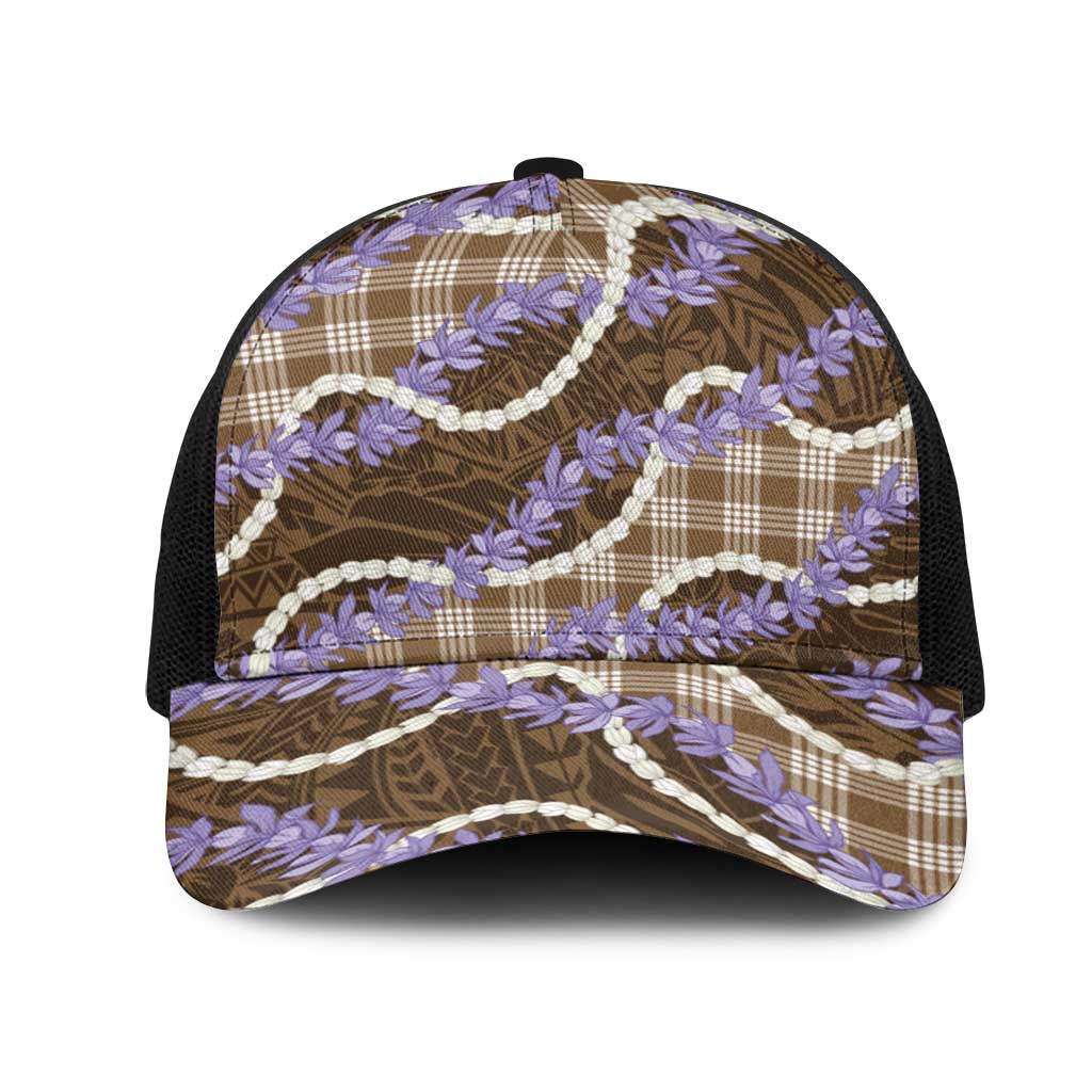 Brown Hawaii Palaka Honohono Pikake Mesh Trucker Cap Hawaiian Orchid Lei Polynesian Pattern - Polynesian Pride
