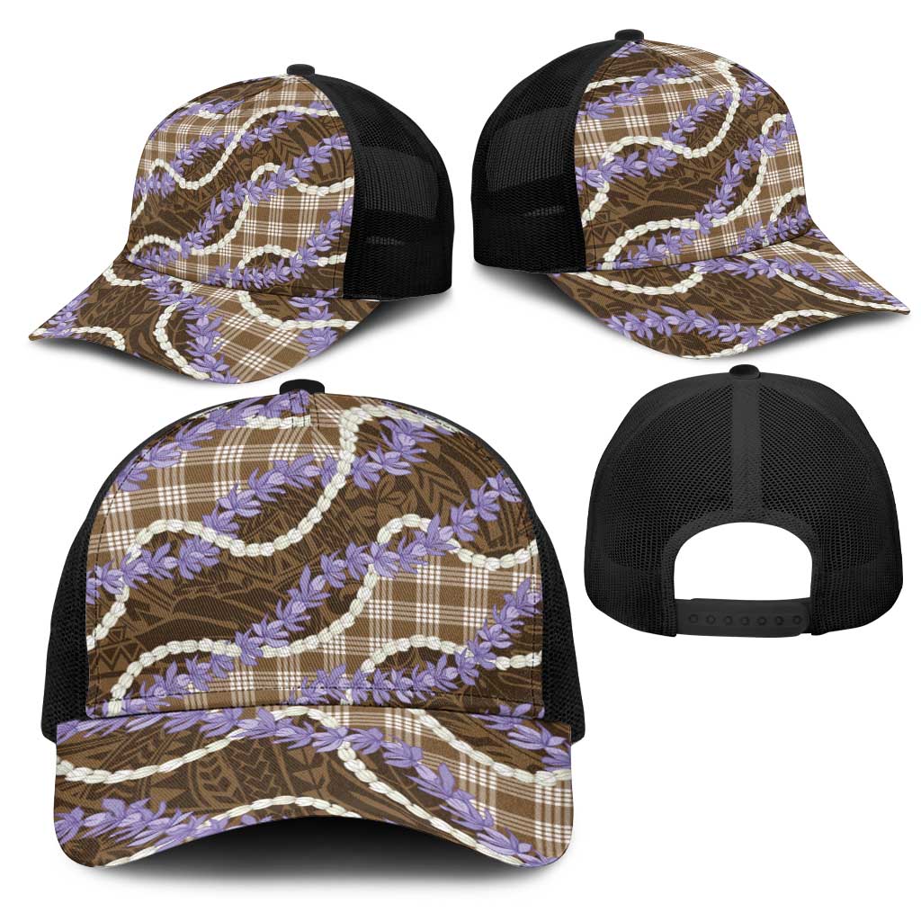 Brown Hawaii Palaka Honohono Pikake Mesh Trucker Cap Hawaiian Orchid Lei Polynesian Pattern - Polynesian Pride