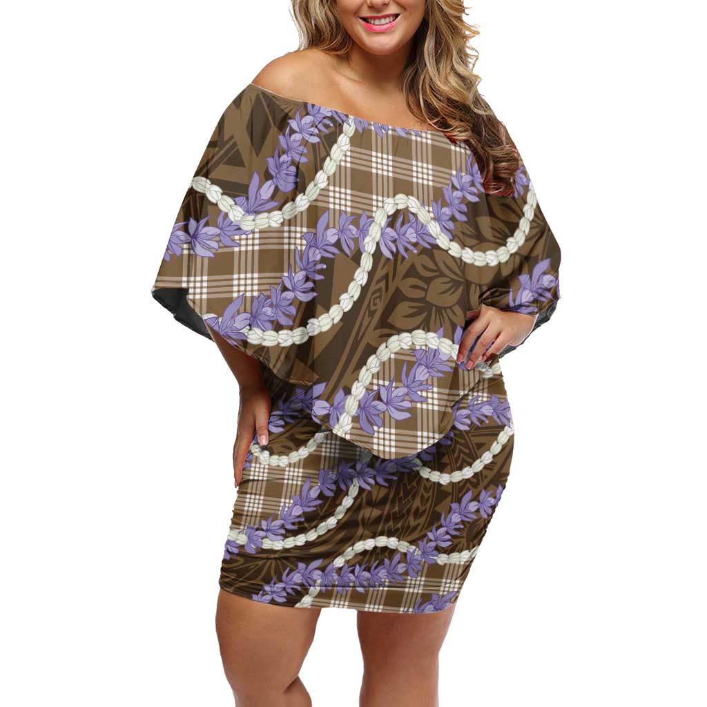 Brown Hawaii Palaka Honohono Pikake Off Shoulder Short Dress Hawaiian Orchid Lei Polynesian Pattern - Polynesian Pride