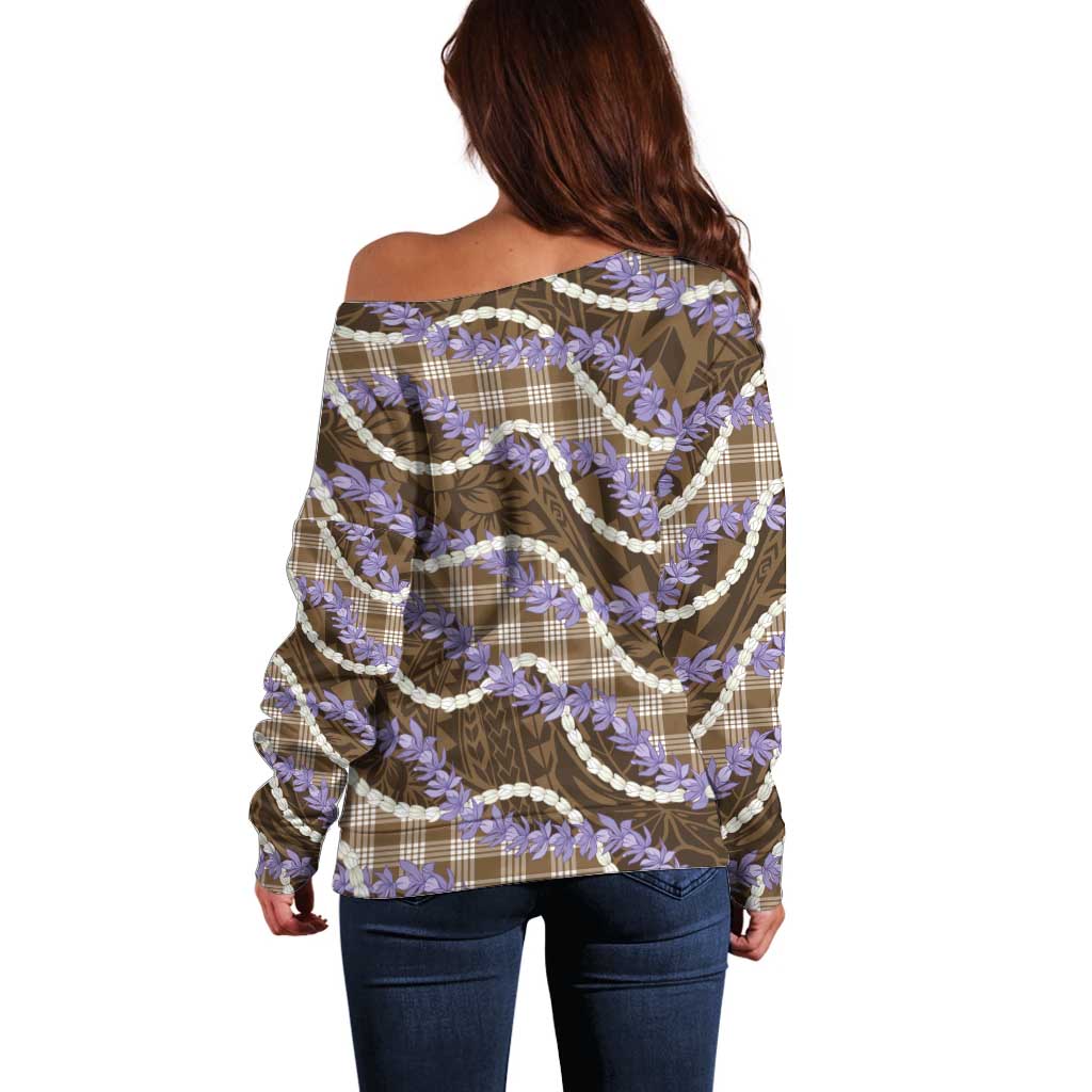 Brown Hawaii Palaka Honohono Pikake Off Shoulder Sweater Hawaiian Orchid Lei Polynesian Pattern LT14 - Polynesian Pride