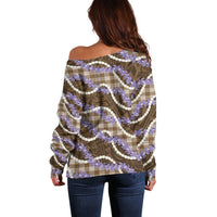 Brown Hawaii Palaka Honohono Pikake Off Shoulder Sweater Hawaiian Orchid Lei Polynesian Pattern LT14 - Polynesian Pride