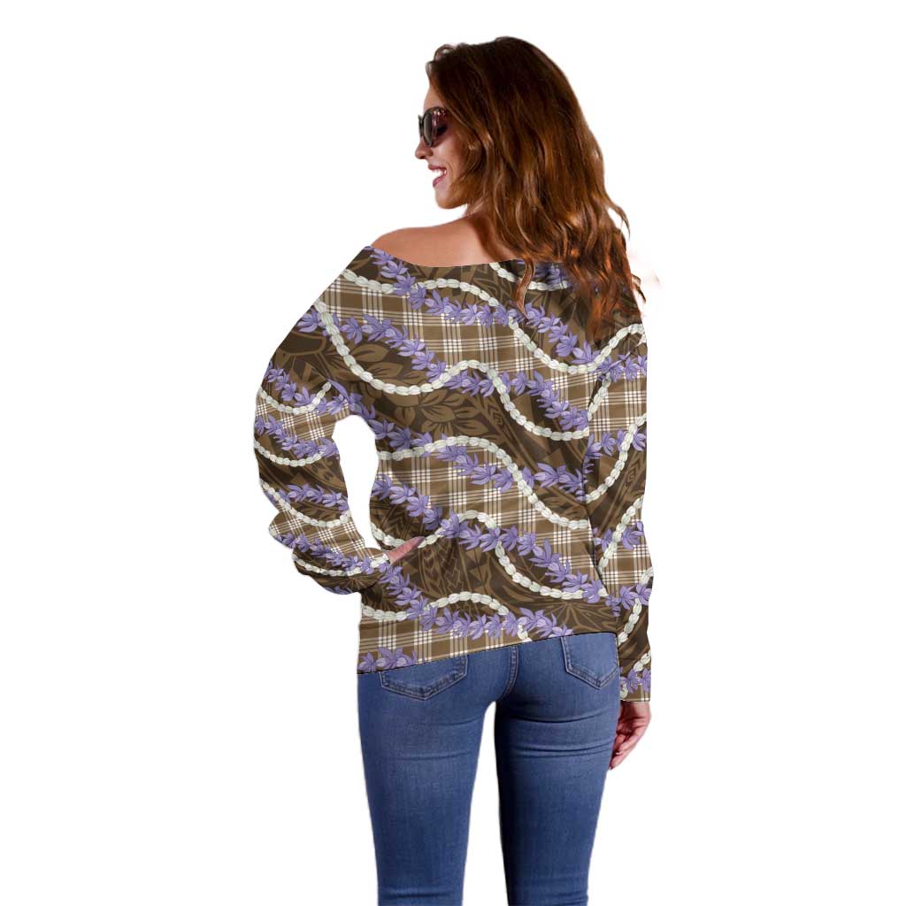 Brown Hawaii Palaka Honohono Pikake Off Shoulder Sweater Hawaiian Orchid Lei Polynesian Pattern LT14 - Polynesian Pride