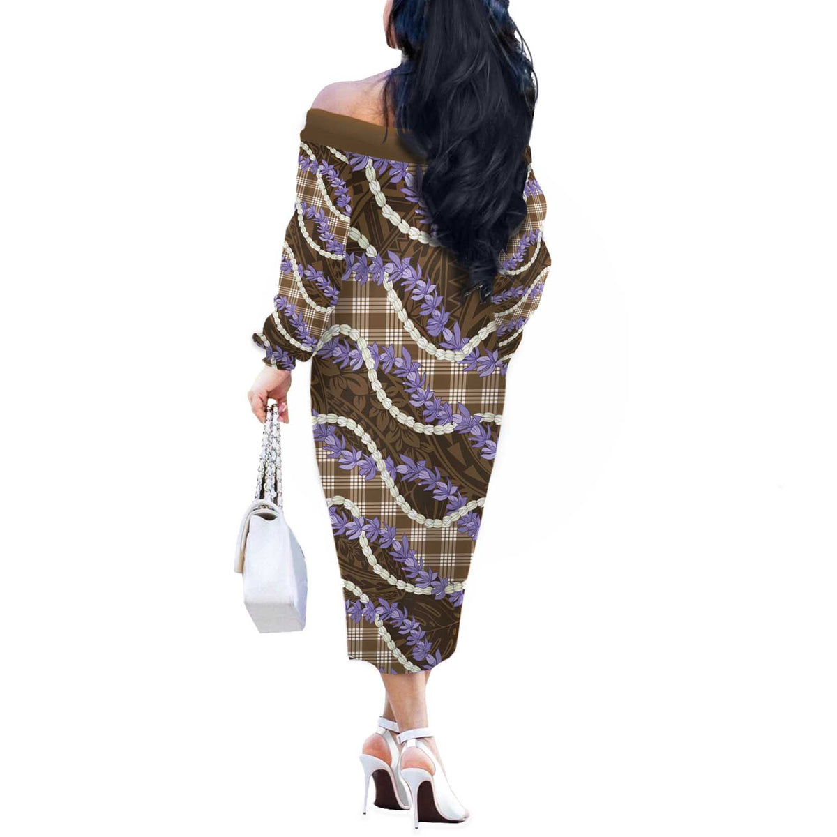 Brown Hawaii Palaka Honohono Pikake Off The Shoulder Long Sleeve Dress Hawaiian Orchid Lei Polynesian Pattern LT14 - Polynesian Pride