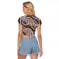 Brown Hawaii Palaka Honohono Pikake Raglan Cropped T Shirt Hawaiian Orchid Lei Polynesian Pattern - Polynesian Pride