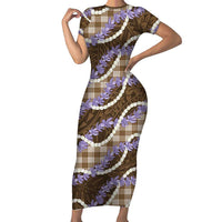 Brown Hawaii Palaka Honohono Pikake Short Sleeve Bodycon Dress Hawaiian Orchid Lei Polynesian Pattern LT14 Long Dress Brown - Polynesian Pride