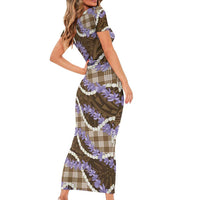 Brown Hawaii Palaka Honohono Pikake Short Sleeve Bodycon Dress Hawaiian Orchid Lei Polynesian Pattern LT14 - Polynesian Pride