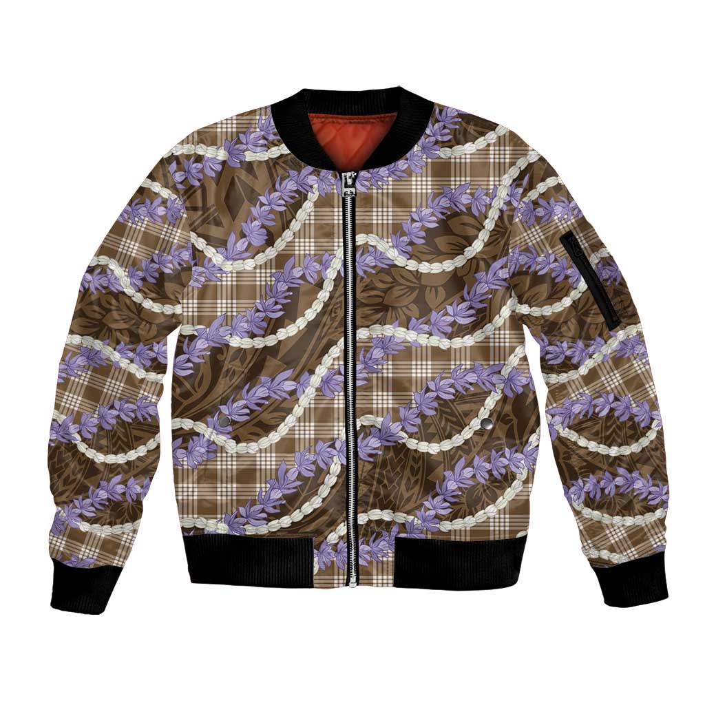 Brown Hawaii Palaka Honohono Pikake Sleeve Zip Bomber Jacket Hawaiian Orchid Lei Polynesian Pattern LT14 Unisex Brown - Polynesian Pride