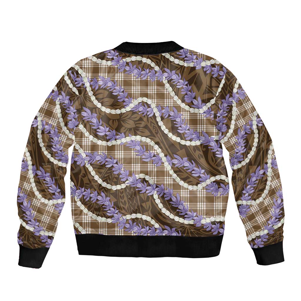 Brown Hawaii Palaka Honohono Pikake Sleeve Zip Bomber Jacket Hawaiian Orchid Lei Polynesian Pattern LT14 - Polynesian Pride