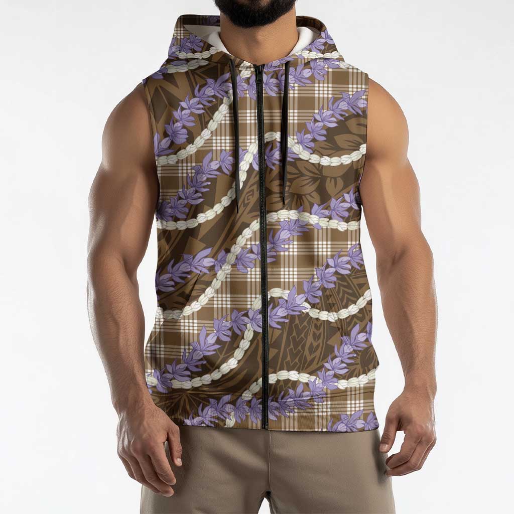 Brown Hawaii Palaka Honohono Pikake Sleeveless Zip Hoodie Hawaiian Orchid Lei Polynesian Pattern LT14 - Polynesian Pride