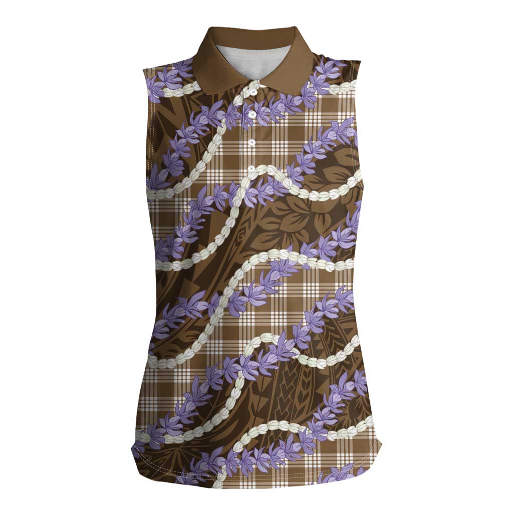 Brown Hawaii Palaka Honohono Pikake Women Sleeveless Polo Shirt Hawaiian Orchid Lei Polynesian Pattern LT14 Female Brown - Polynesian Pride