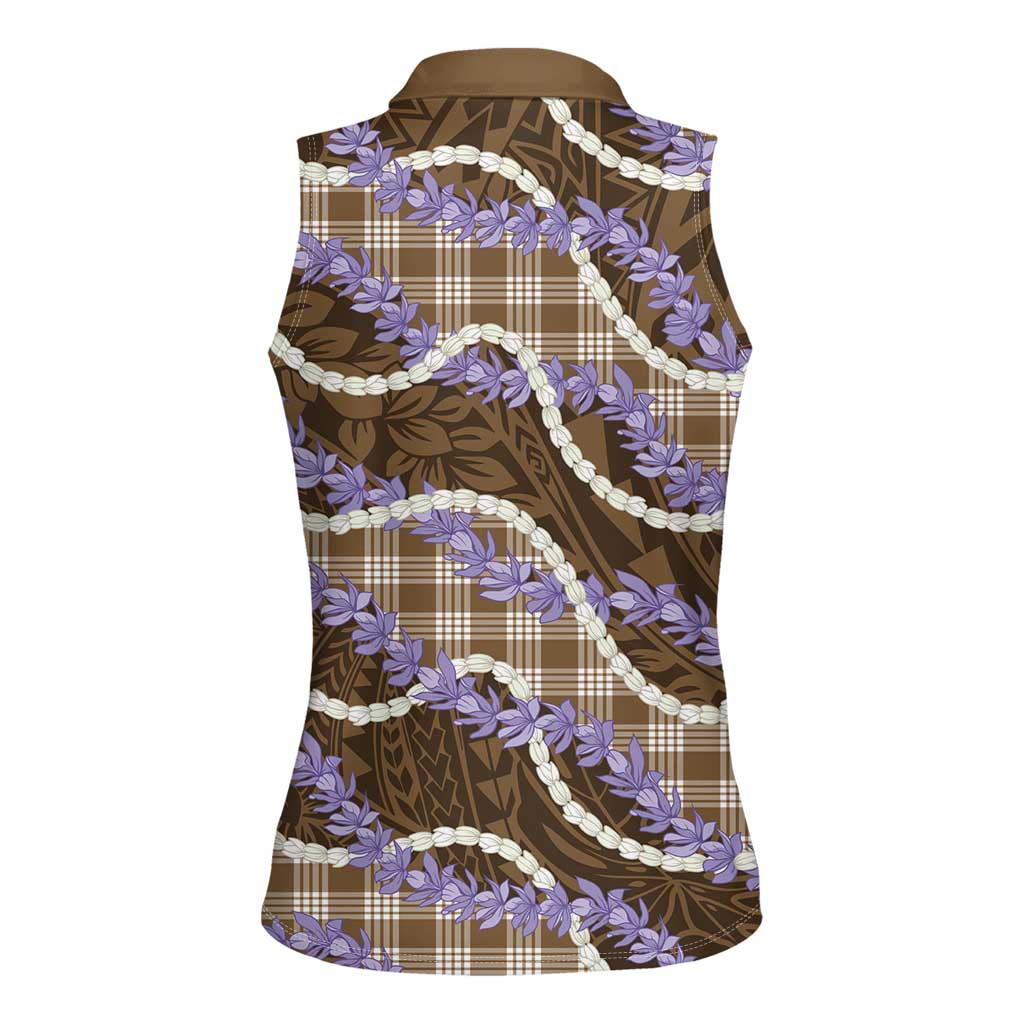 Brown Hawaii Palaka Honohono Pikake Women Sleeveless Polo Shirt Hawaiian Orchid Lei Polynesian Pattern LT14 - Polynesian Pride