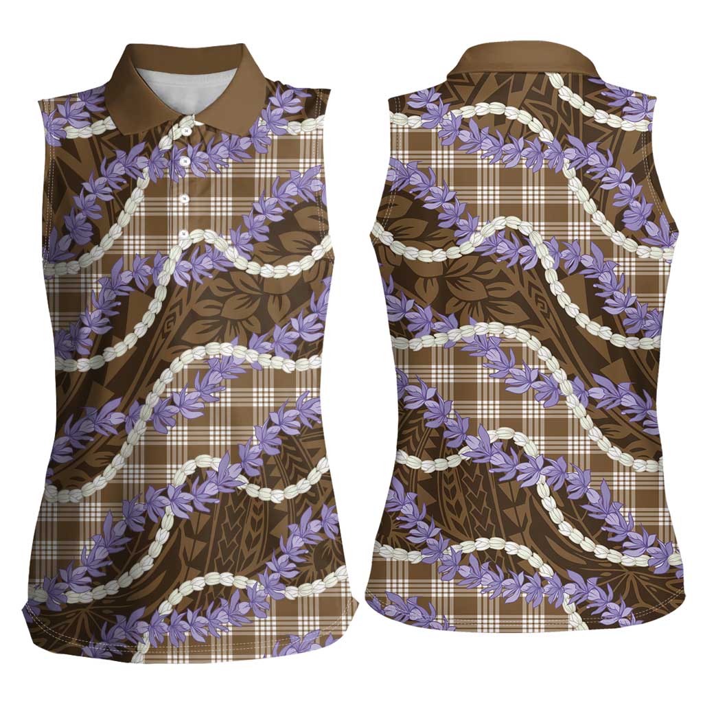 Brown Hawaii Palaka Honohono Pikake Women Sleeveless Polo Shirt Hawaiian Orchid Lei Polynesian Pattern LT14 - Polynesian Pride