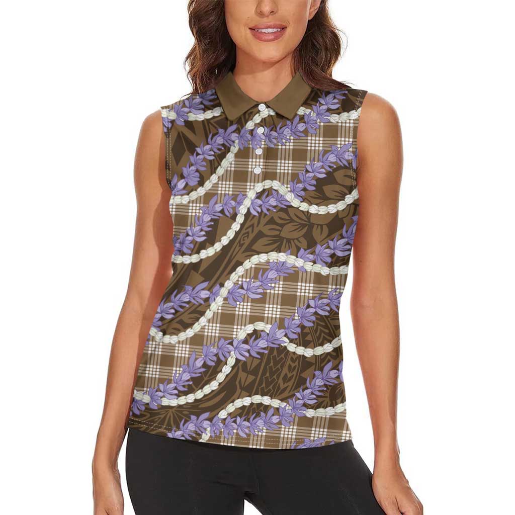 Brown Hawaii Palaka Honohono Pikake Women Sleeveless Polo Shirt Hawaiian Orchid Lei Polynesian Pattern LT14 - Polynesian Pride