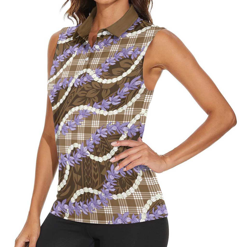 Brown Hawaii Palaka Honohono Pikake Women Sleeveless Polo Shirt Hawaiian Orchid Lei Polynesian Pattern LT14 - Polynesian Pride