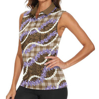 Brown Hawaii Palaka Honohono Pikake Women Sleeveless Polo Shirt Hawaiian Orchid Lei Polynesian Pattern LT14 - Polynesian Pride
