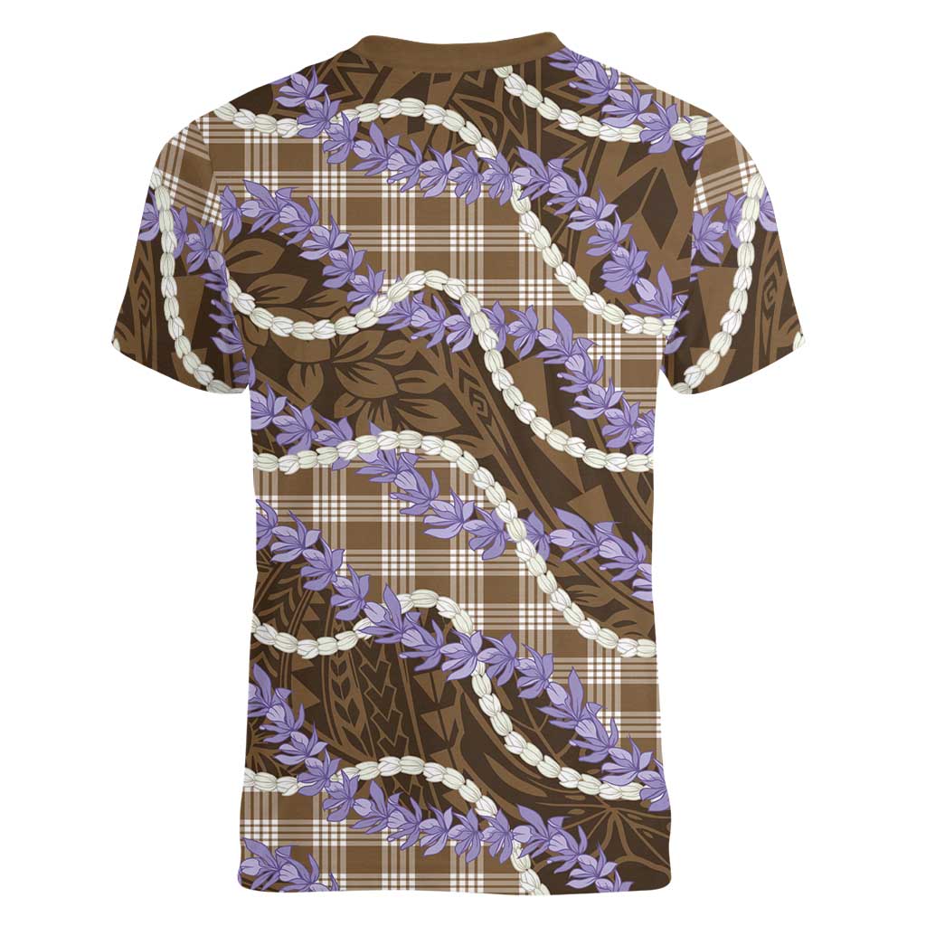 Brown Hawaii Palaka Honohono Pikake Women V-Neck T-Shirt Hawaiian Orchid Lei Polynesian Pattern LT14 - Polynesian Pride