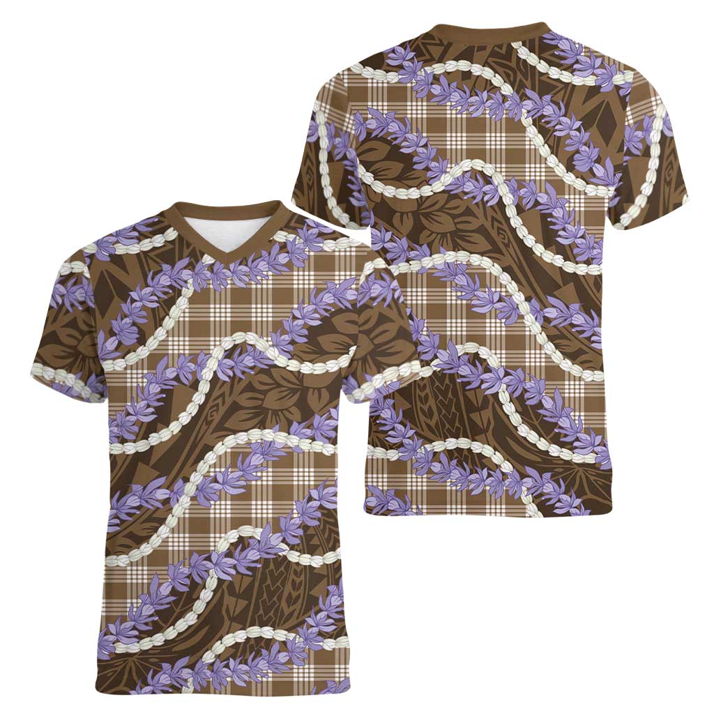 Brown Hawaii Palaka Honohono Pikake Women V-Neck T-Shirt Hawaiian Orchid Lei Polynesian Pattern LT14 - Polynesian Pride
