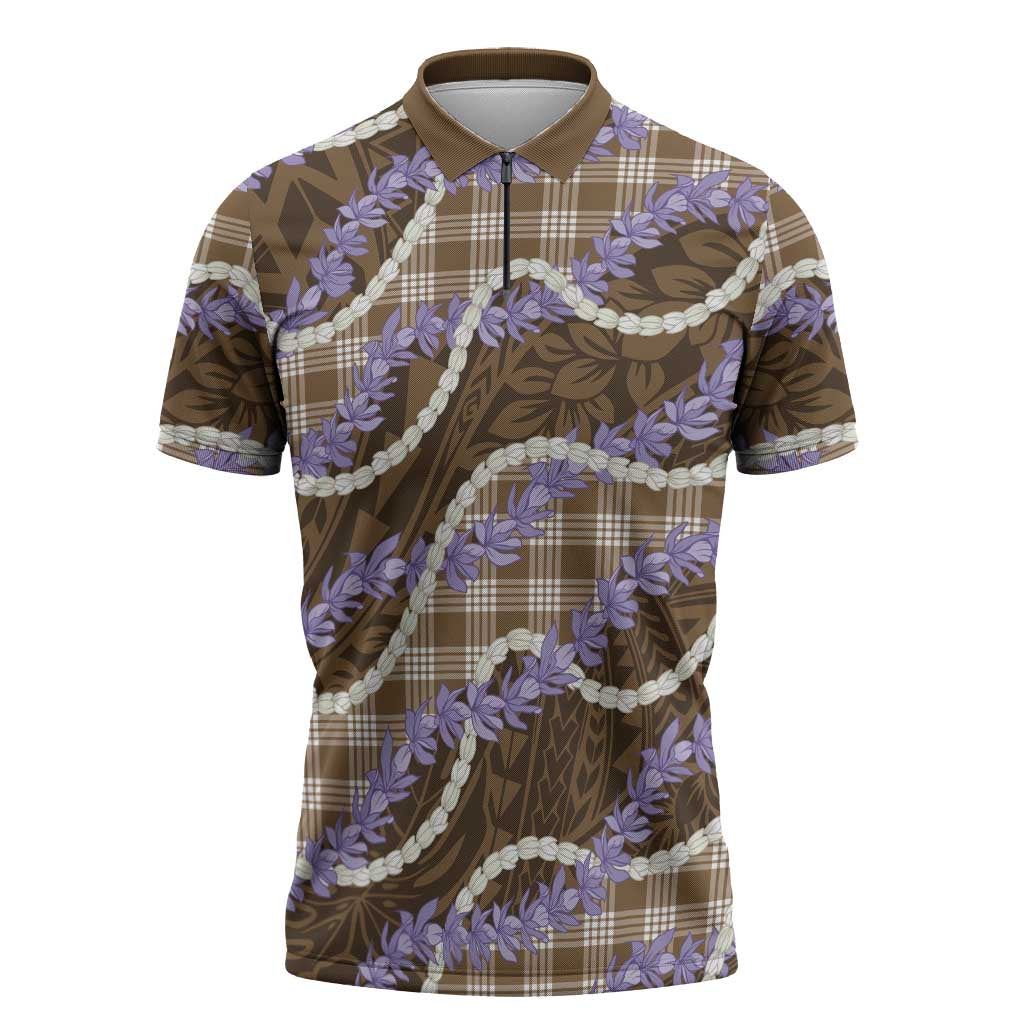 Brown Hawaii Palaka Honohono Pikake Zipper Polo Shirt Hawaiian Orchid Lei Polynesian Pattern LT14 Brown - Polynesian Pride