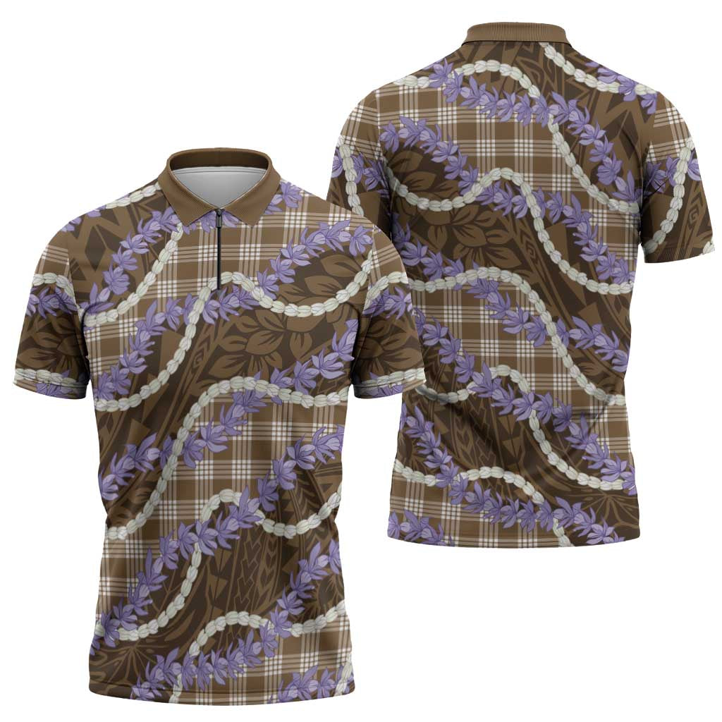 Brown Hawaii Palaka Honohono Pikake Zipper Polo Shirt Hawaiian Orchid Lei Polynesian Pattern LT14 - Polynesian Pride