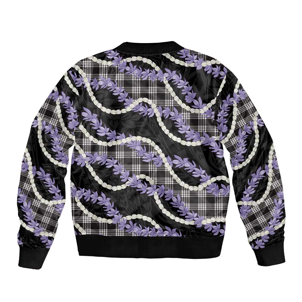 Black Hawaii Palaka Honohono Pikake Bomber Jacket Hawaiian Orchid Lei Polynesian Pattern - Polynesian Pride
