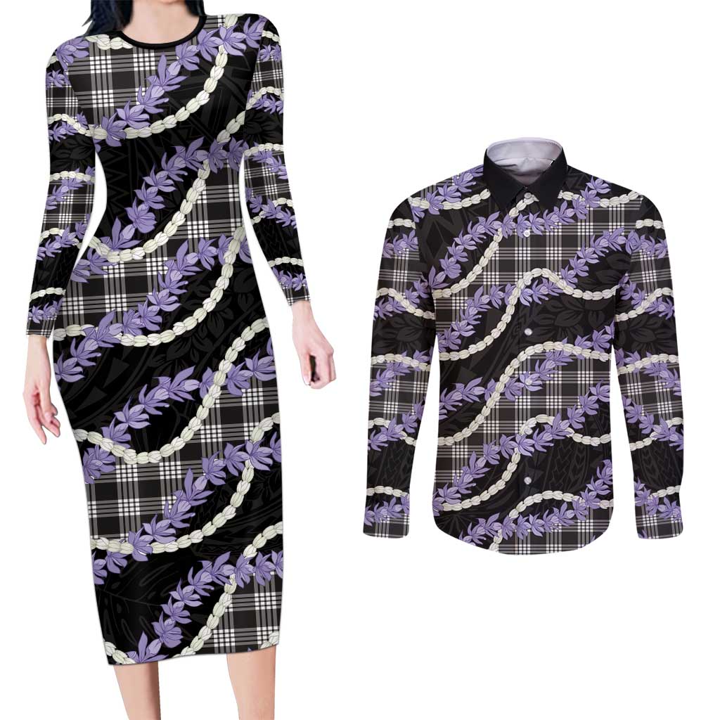 Black Hawaii Palaka Honohono Pikake Couples Matching Long Sleeve Bodycon Dress and Long Sleeve Button Shirt Hawaiian Orchid Lei Polynesian Pattern LT14 Black - Polynesian Pride