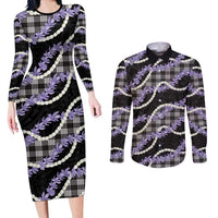 Black Hawaii Palaka Honohono Pikake Couples Matching Long Sleeve Bodycon Dress and Long Sleeve Button Shirt Hawaiian Orchid Lei Polynesian Pattern LT14 Black - Polynesian Pride
