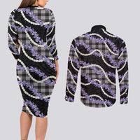 Black Hawaii Palaka Honohono Pikake Couples Matching Long Sleeve Bodycon Dress and Long Sleeve Button Shirt Hawaiian Orchid Lei Polynesian Pattern LT14 - Polynesian Pride