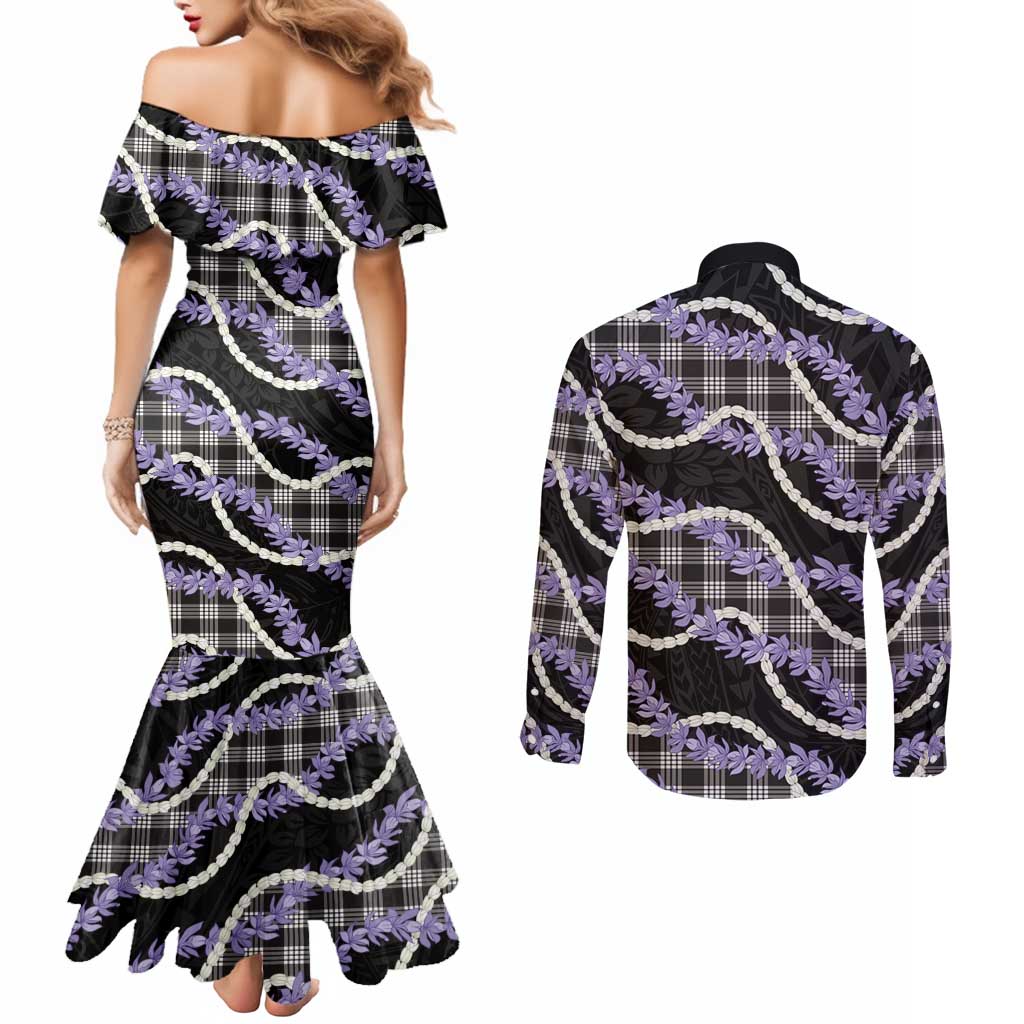 Black Hawaii Palaka Honohono Pikake Couples Matching Mermaid Dress and Long Sleeve Button Shirt Hawaiian Orchid Lei Polynesian Pattern LT14 - Polynesian Pride