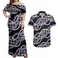 Black Hawaii Palaka Honohono Pikake Couples Matching Off Shoulder Maxi Dress and Hawaiian Shirt Hawaiian Orchid Lei Polynesian Pattern LT14 Black - Polynesian Pride