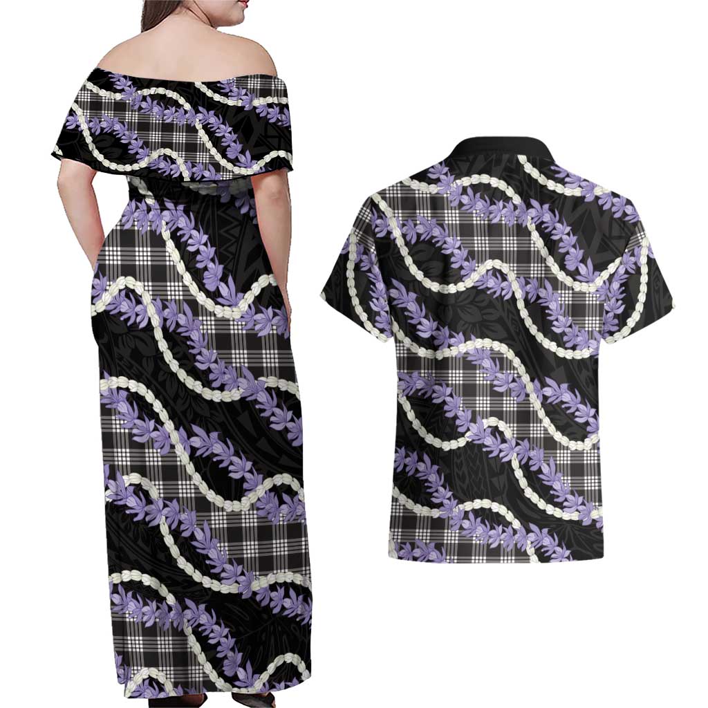 Black Hawaii Palaka Honohono Pikake Couples Matching Off Shoulder Maxi Dress and Hawaiian Shirt Hawaiian Orchid Lei Polynesian Pattern LT14 - Polynesian Pride
