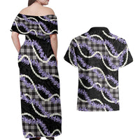 Black Hawaii Palaka Honohono Pikake Couples Matching Off Shoulder Maxi Dress and Hawaiian Shirt Hawaiian Orchid Lei Polynesian Pattern LT14 - Polynesian Pride
