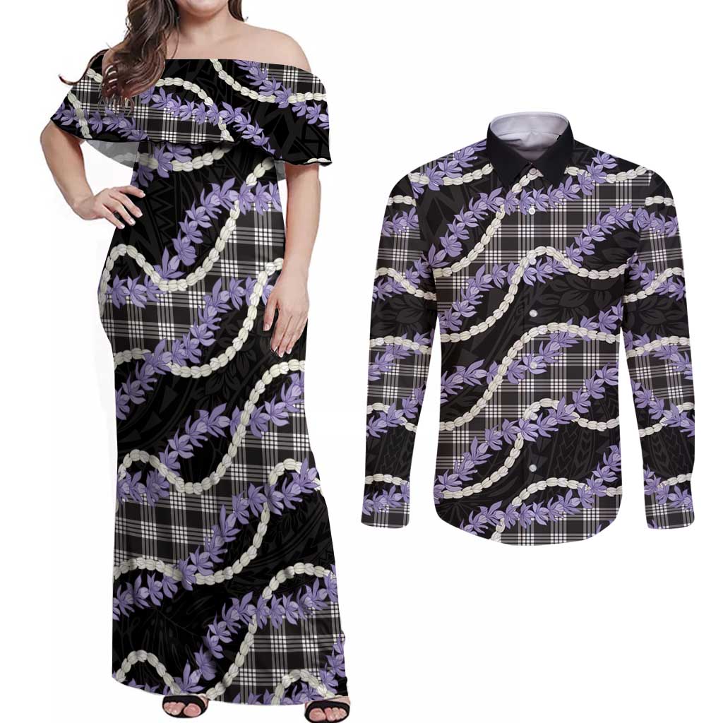 Black Hawaii Palaka Honohono Pikake Couples Matching Off Shoulder Maxi Dress and Long Sleeve Button Shirt Hawaiian Orchid Lei Polynesian Pattern LT14 Black - Polynesian Pride