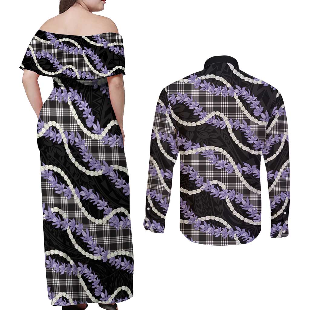 Black Hawaii Palaka Honohono Pikake Couples Matching Off Shoulder Maxi Dress and Long Sleeve Button Shirt Hawaiian Orchid Lei Polynesian Pattern LT14 - Polynesian Pride