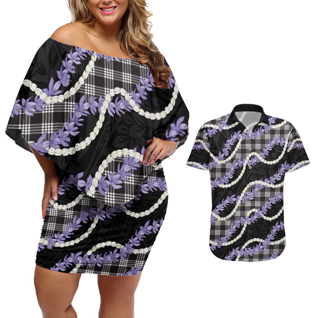 Black Hawaii Palaka Honohono Pikake Couples Matching Off Shoulder Short Dress and Hawaiian Shirt Hawaiian Orchid Lei Polynesian Pattern LT14 Black - Polynesian Pride