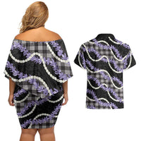 Black Hawaii Palaka Honohono Pikake Couples Matching Off Shoulder Short Dress and Hawaiian Shirt Hawaiian Orchid Lei Polynesian Pattern LT14 - Polynesian Pride