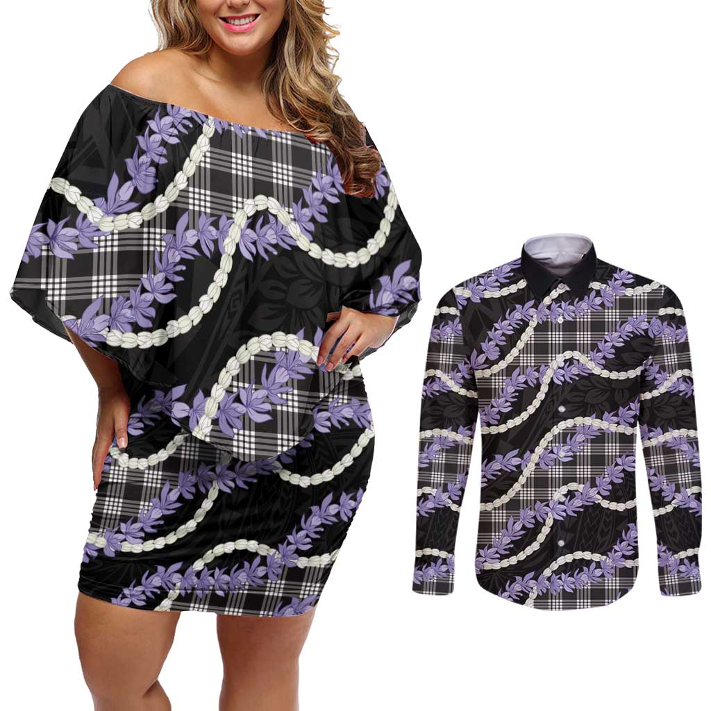 Black Hawaii Palaka Honohono Pikake Couples Matching Off Shoulder Short Dress and Long Sleeve Button Shirt Hawaiian Orchid Lei Polynesian Pattern LT14 Black - Polynesian Pride