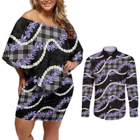 Black Hawaii Palaka Honohono Pikake Couples Matching Off Shoulder Short Dress and Long Sleeve Button Shirt Hawaiian Orchid Lei Polynesian Pattern LT14 Black - Polynesian Pride