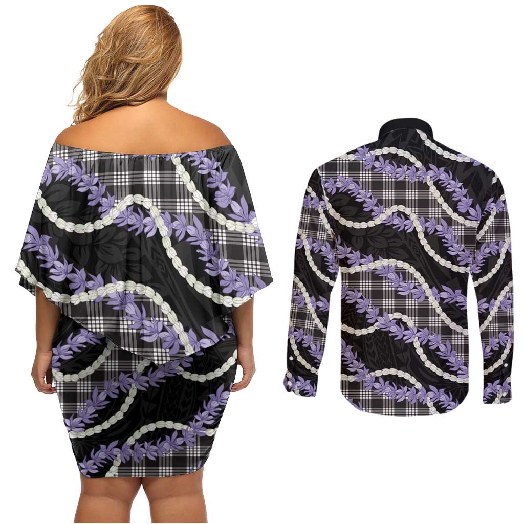 Black Hawaii Palaka Honohono Pikake Couples Matching Off Shoulder Short Dress and Long Sleeve Button Shirt Hawaiian Orchid Lei Polynesian Pattern LT14 - Polynesian Pride