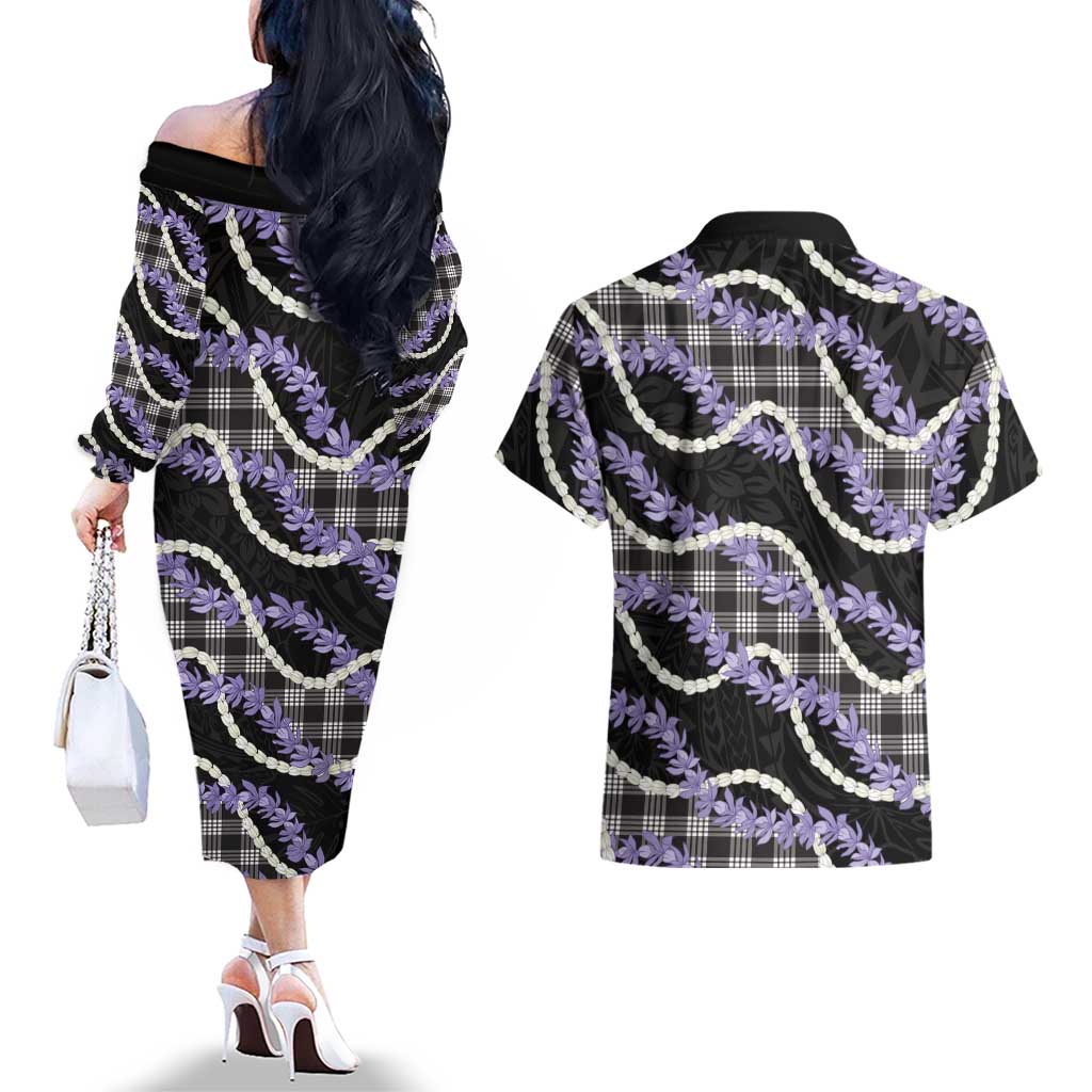 Black Hawaii Palaka Honohono Pikake Couples Matching Off The Shoulder Long Sleeve Dress and Hawaiian Shirt Hawaiian Orchid Lei Polynesian Pattern LT14 - Polynesian Pride