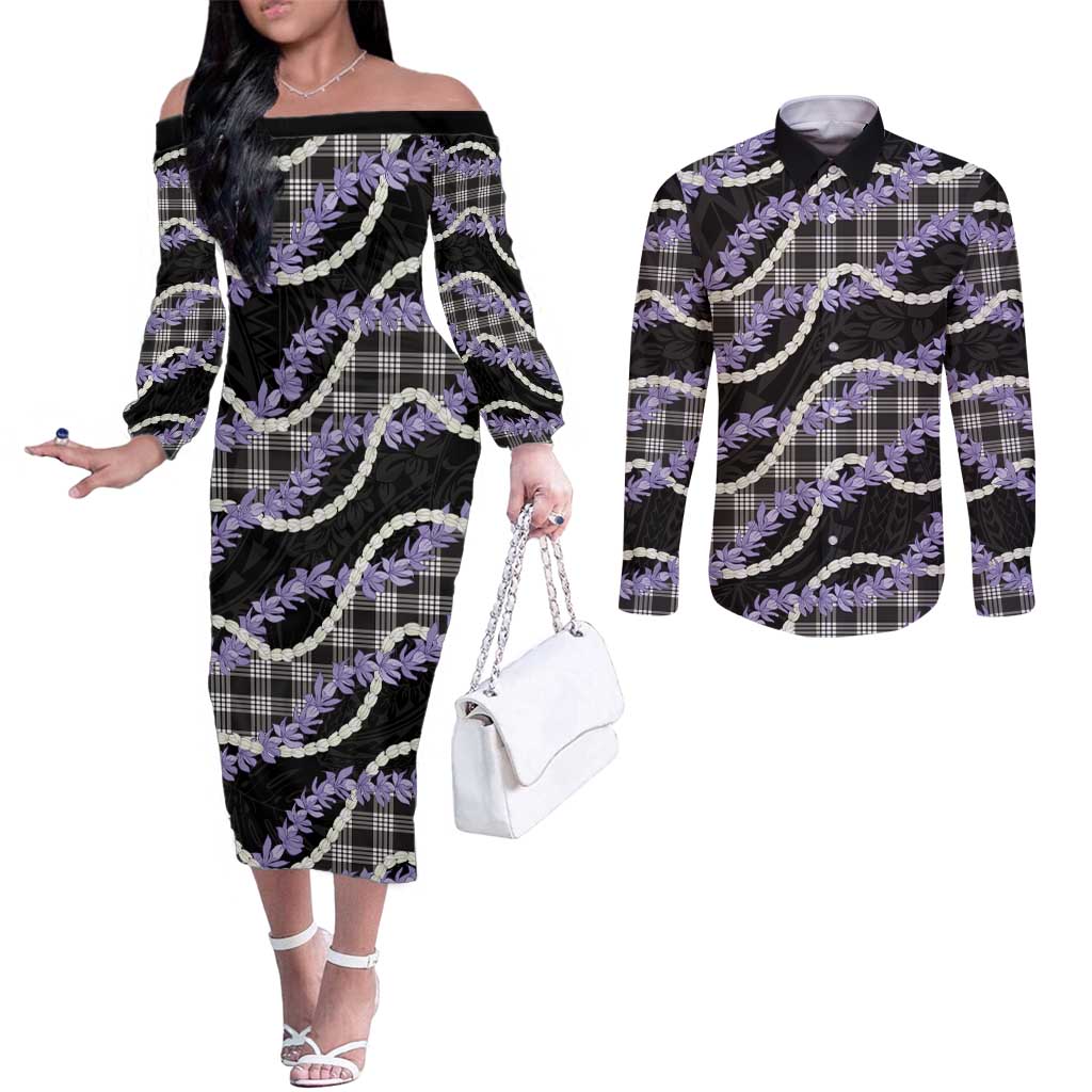 Black Hawaii Palaka Honohono Pikake Couples Matching Off The Shoulder Long Sleeve Dress and Long Sleeve Button Shirt Hawaiian Orchid Lei Polynesian Pattern - Polynesian Pride