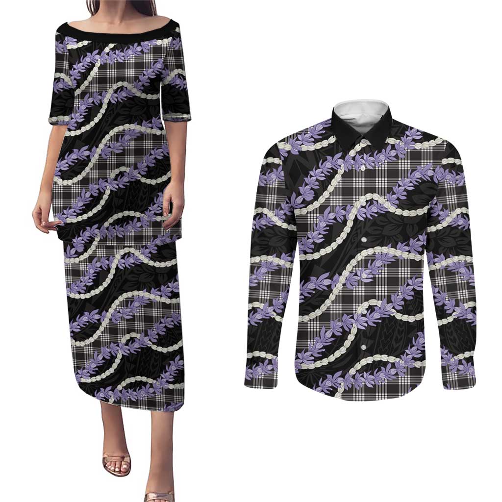 Black Hawaii Palaka Honohono Pikake Couples Matching Puletasi and Long Sleeve Button Shirt Hawaiian Orchid Lei Polynesian Pattern LT14 Black - Polynesian Pride