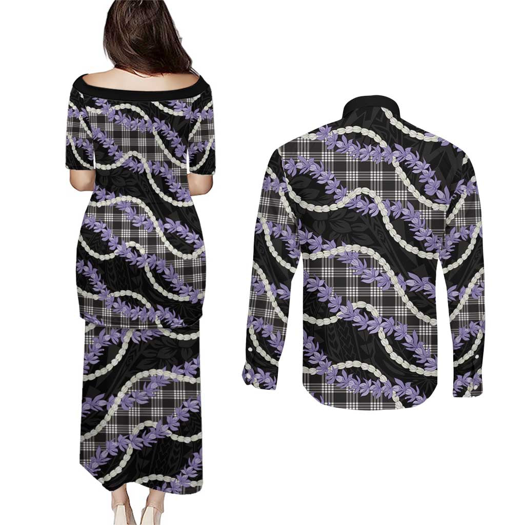 Black Hawaii Palaka Honohono Pikake Couples Matching Puletasi and Long Sleeve Button Shirt Hawaiian Orchid Lei Polynesian Pattern LT14 - Polynesian Pride