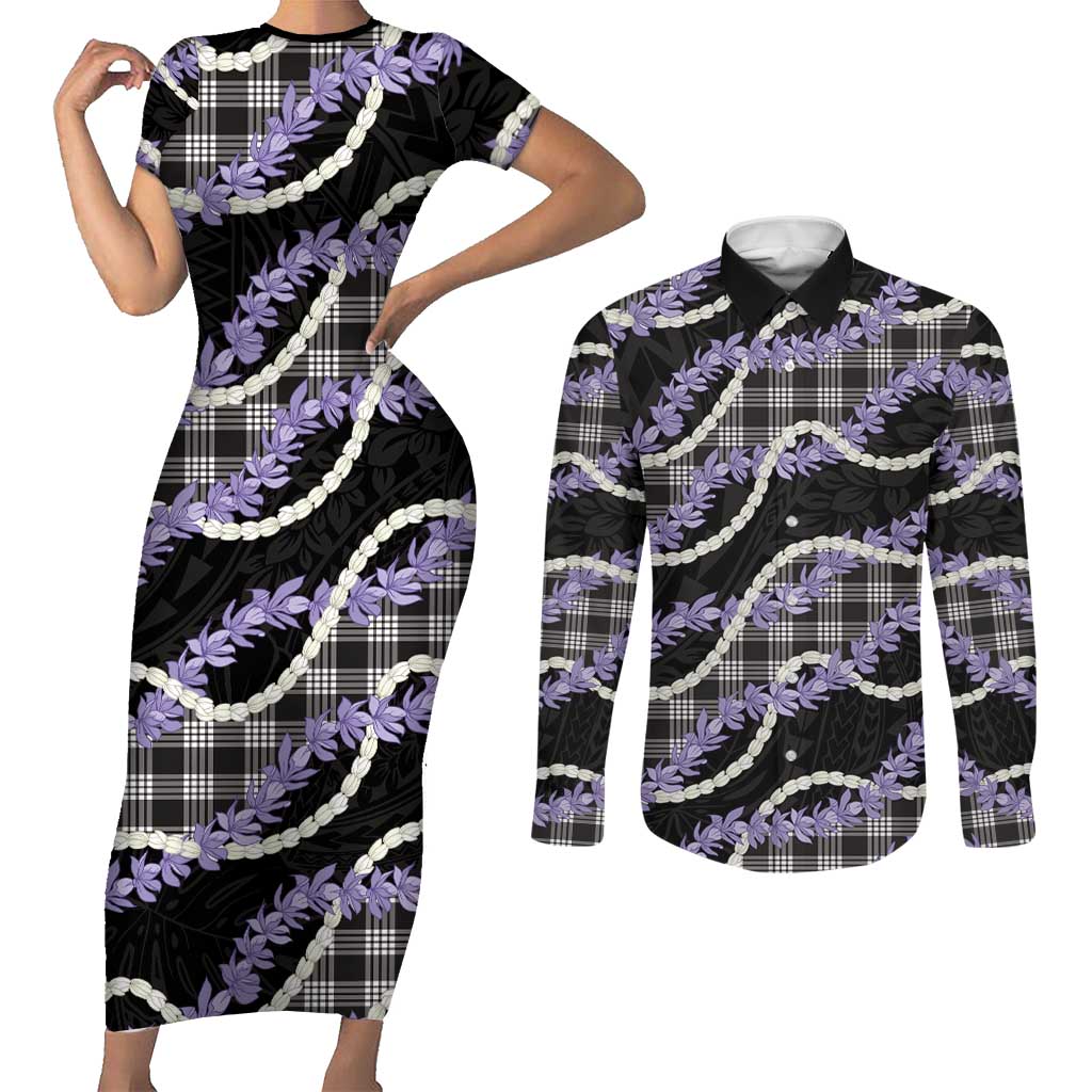 Black Hawaii Palaka Honohono Pikake Couples Matching Short Sleeve Bodycon Dress and Long Sleeve Button Shirt Hawaiian Orchid Lei Polynesian Pattern LT14 Black - Polynesian Pride