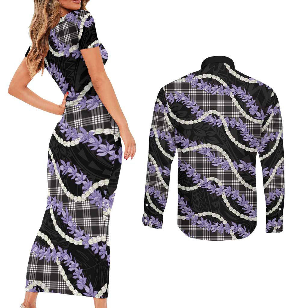 Black Hawaii Palaka Honohono Pikake Couples Matching Short Sleeve Bodycon Dress and Long Sleeve Button Shirt Hawaiian Orchid Lei Polynesian Pattern LT14 - Polynesian Pride