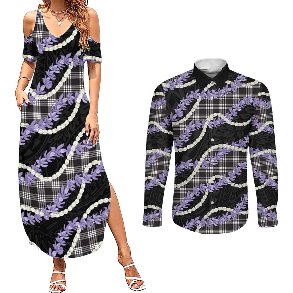 Black Hawaii Palaka Honohono Pikake Couples Matching Summer Maxi Dress and Long Sleeve Button Shirt Hawaiian Orchid Lei Polynesian Pattern LT14 Black - Polynesian Pride