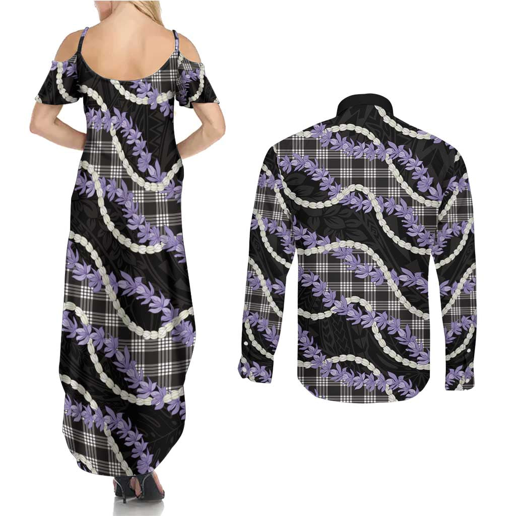 Black Hawaii Palaka Honohono Pikake Couples Matching Summer Maxi Dress and Long Sleeve Button Shirt Hawaiian Orchid Lei Polynesian Pattern LT14 - Polynesian Pride