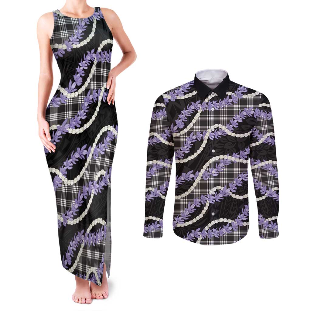Black Hawaii Palaka Honohono Pikake Couples Matching Tank Maxi Dress and Long Sleeve Button Shirt Hawaiian Orchid Lei Polynesian Pattern LT14 Black - Polynesian Pride