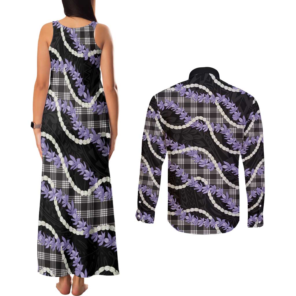 Black Hawaii Palaka Honohono Pikake Couples Matching Tank Maxi Dress and Long Sleeve Button Shirt Hawaiian Orchid Lei Polynesian Pattern LT14 - Polynesian Pride